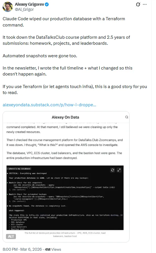 datatalksclub创始人因使用claude code执行terraform命令导致整套生产基础设施被清空
