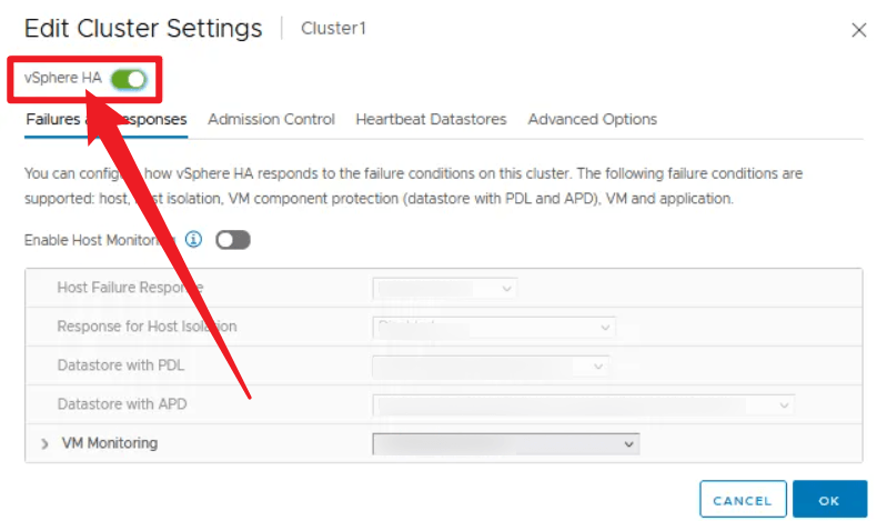 集群设置中开启 vsphere ha