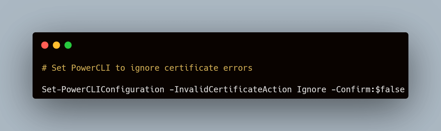 powercli 配置忽略 ssl 证书错误的命令行截图