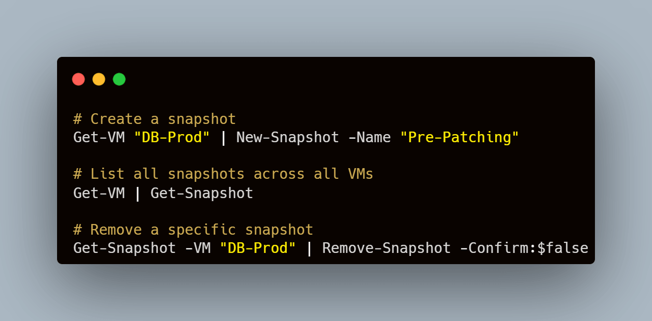 powercli 创建和删除虚拟机快照的操作示例