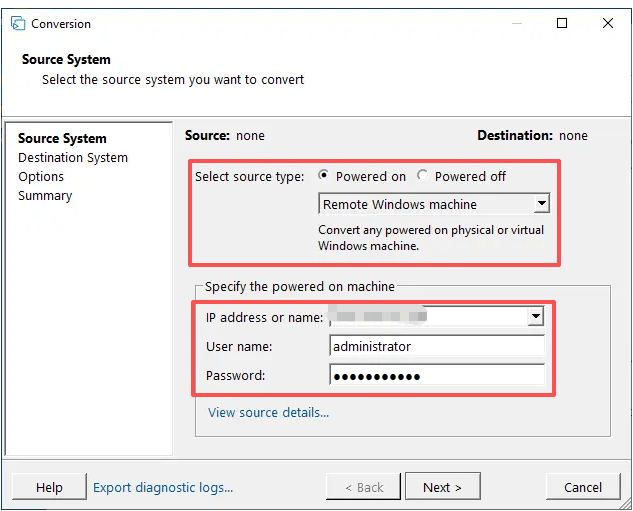配置源系统选择远程windows机器 vmware vcenter converter源系统