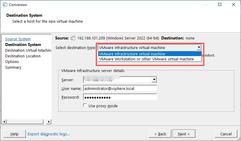 选择vmware infrastructure虚拟机作为目标类型 vmware infrastructure虚拟机