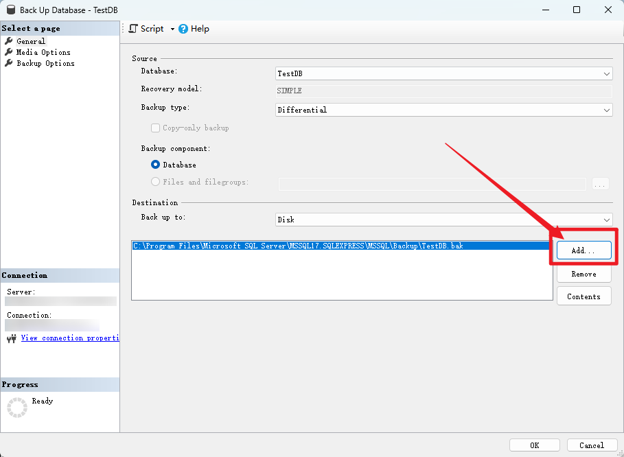 ssms 备份文件目标设置界面示意 back up database 中添加备份文件目标