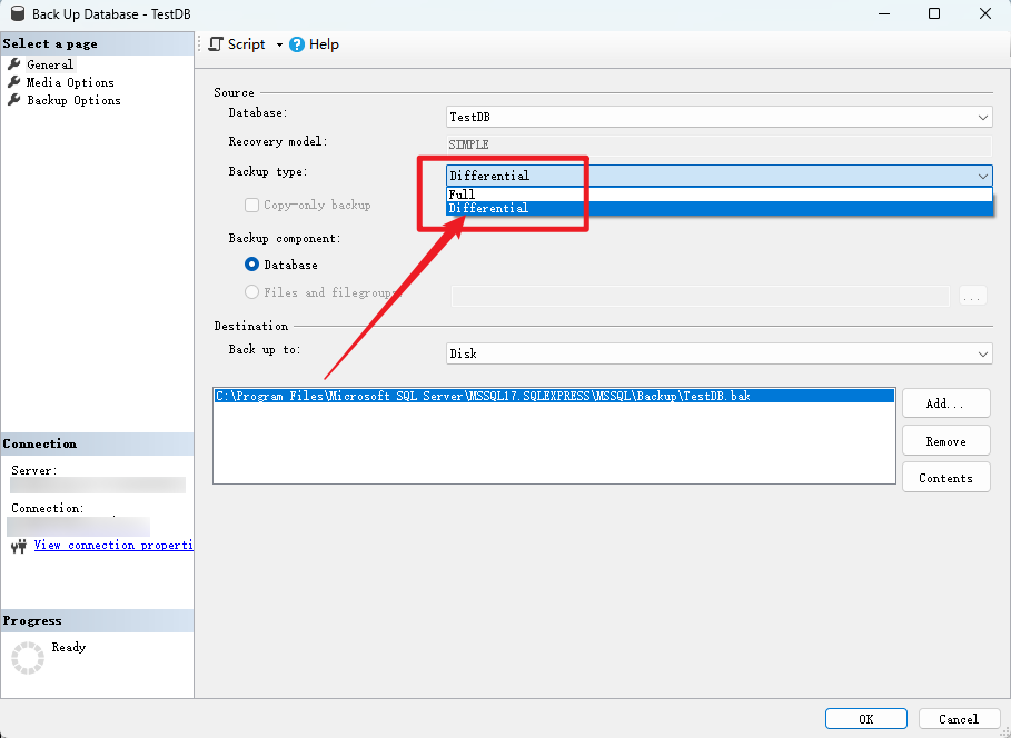 ssms 差异备份类型选择界面示意 back up database 中的差异备份类型
