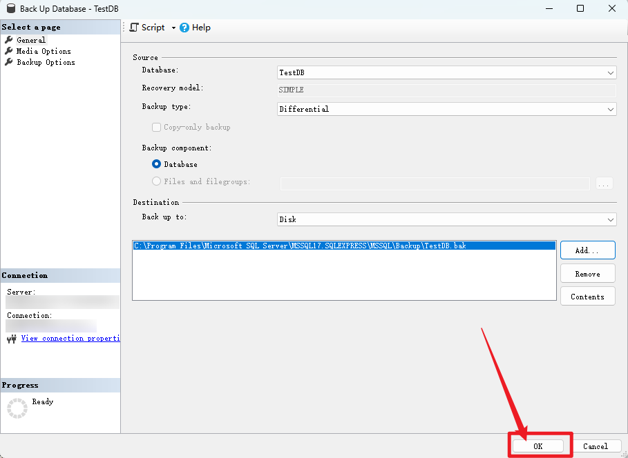 ssms 执行备份操作界面示意 在 back up database 中单击确定
