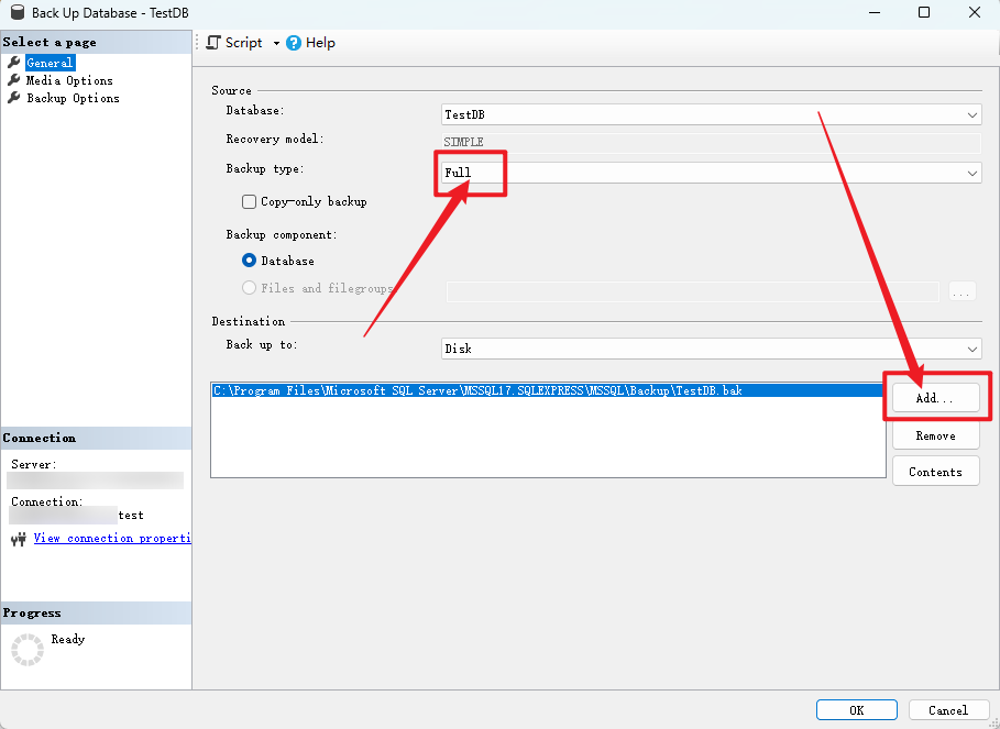 ssms 备份目标设置界面示意 在 destination 部分单击 add