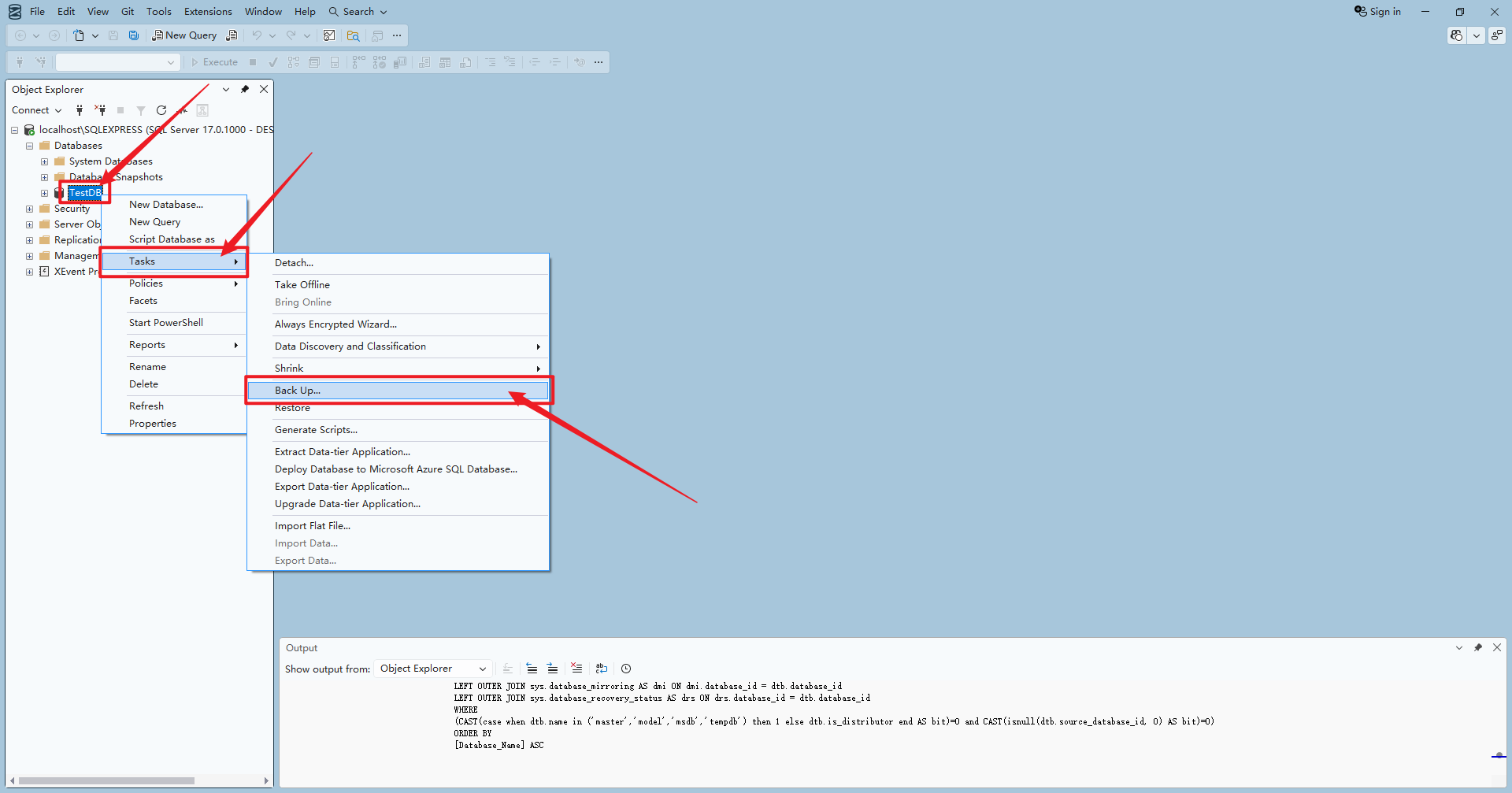 ssms 数据库备份菜单操作示意 ssms gui 中数据库任务备份