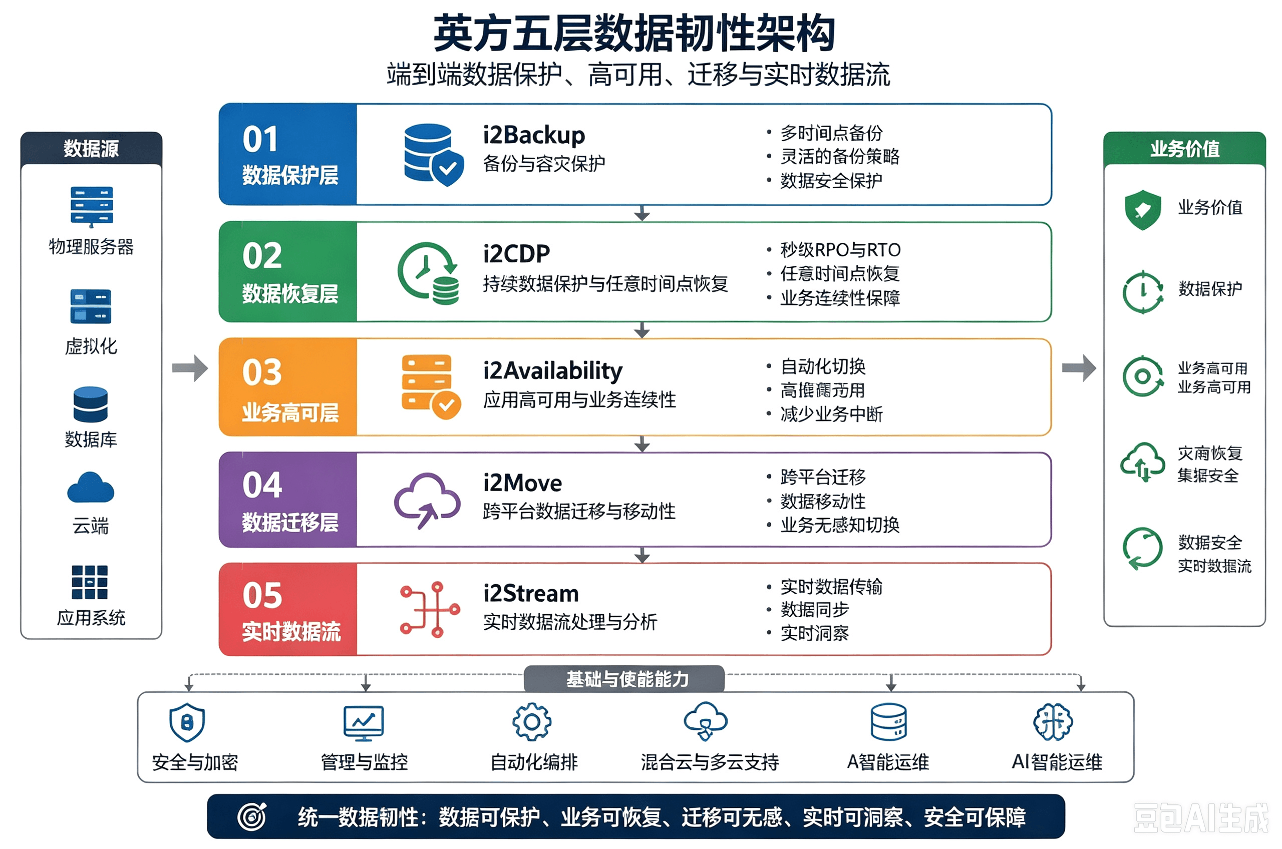 英方软件五层数据弹性架构 端到端数据保护业务持续数据流转与实时同步 英方软件五层数据弹性架构i2backupi2cdpi2availabilityi2movei2stream一体化数据韧性方案