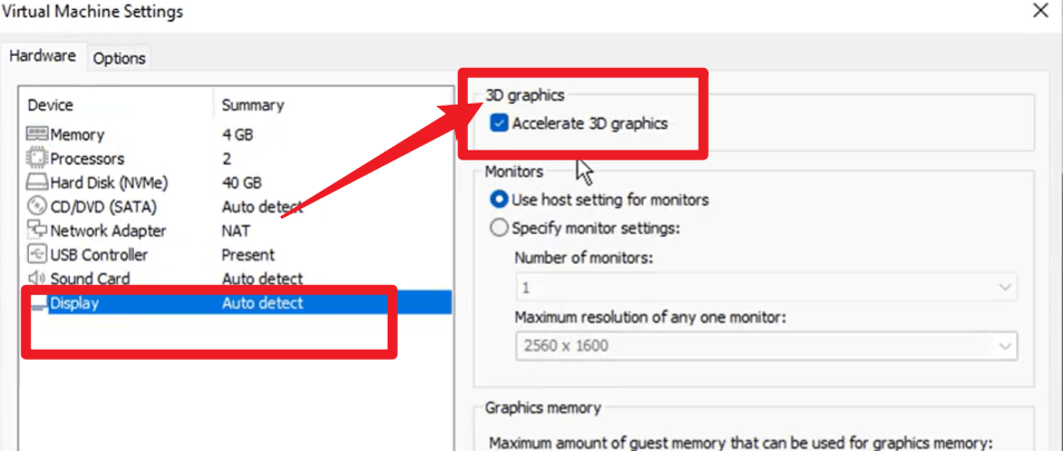 vmware workstation启用3d加速设置截图 vmware workstation开启3d图形加速选项
