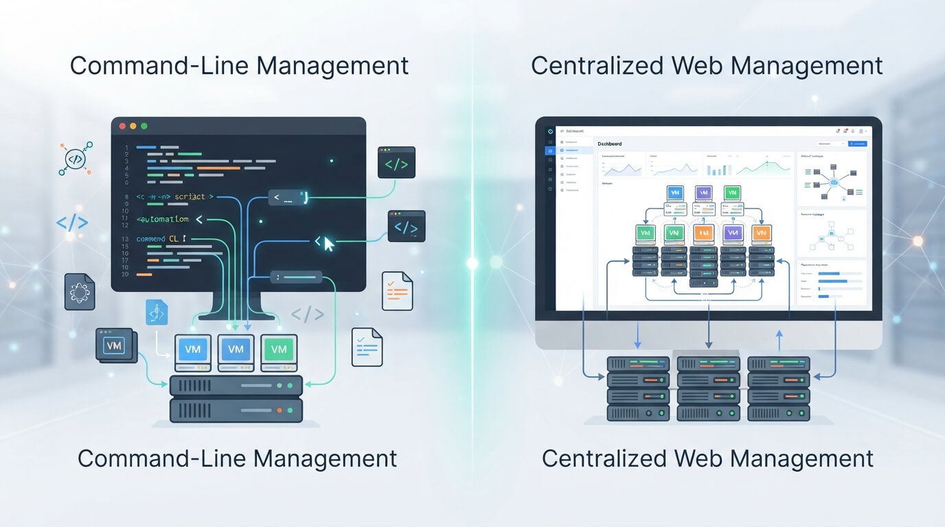 proxmox ve web界面与原生kvm cli管理方式对比图 proxmox web ui与kvm命令行管理界面对比