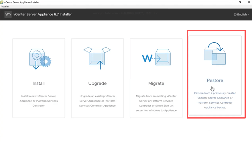 从vcenter server appliance安装程序启动界面选择还原功能 点击还原vcenter server appliance安装程序
