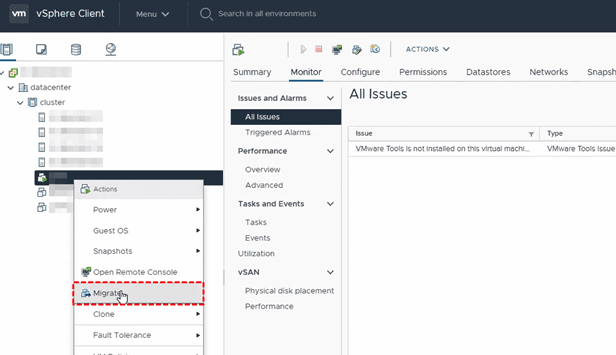 在vsphere client中右键单击虚拟机选择迁移操作 迁移操作图