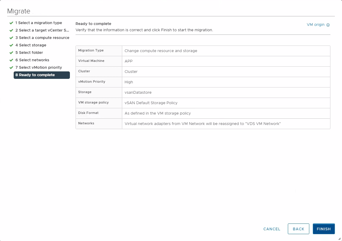vsphere client迁移向导中准备完成并确认迁移设置 准备完成
