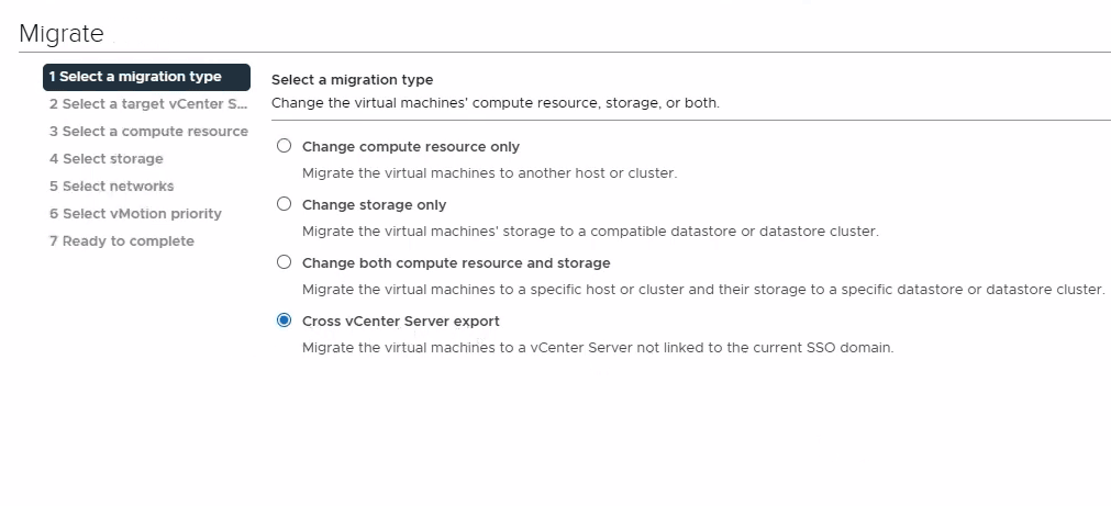 vsphere client迁移向导中选择迁移类型的界面 选择迁移类型